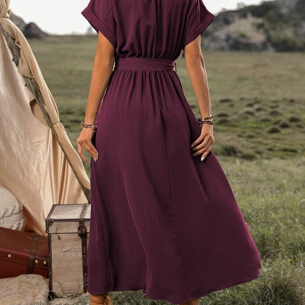 Red Violet Casual Women's Belted Short Sleeve Button Down Maxi Dress - Picture 2 of 7